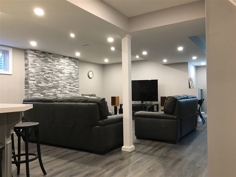 Basement Finishing Family Room Stone Wall